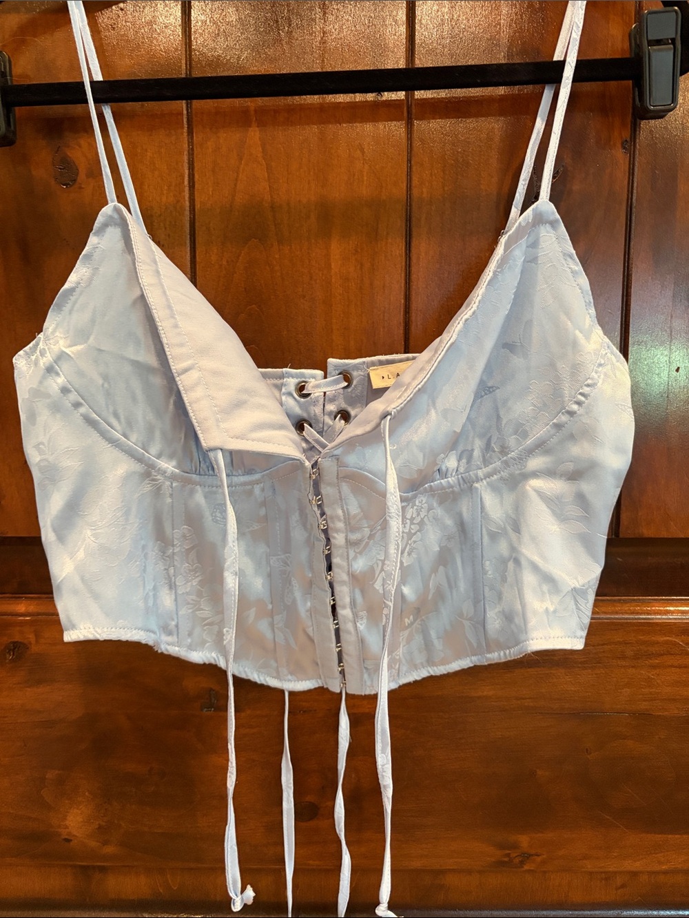 🩵 Baby Blue Floral Satin Adjustable Lace-Up Corset Crop Top